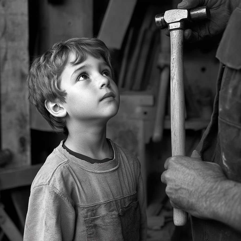 Young boy looks up at mentor receiving hammer. Workshop tools.