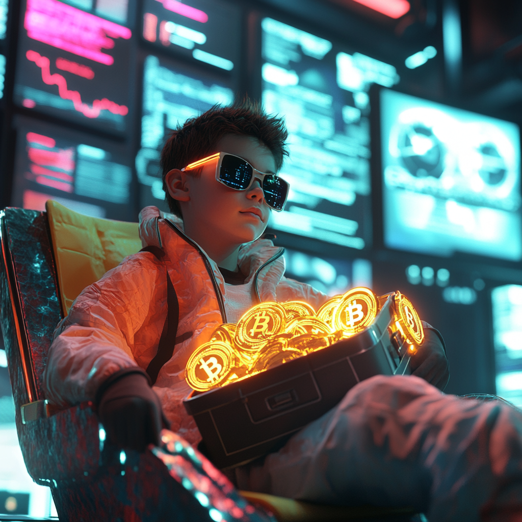 Young boy with sunglasses on colorful chair, surrounded by tech.