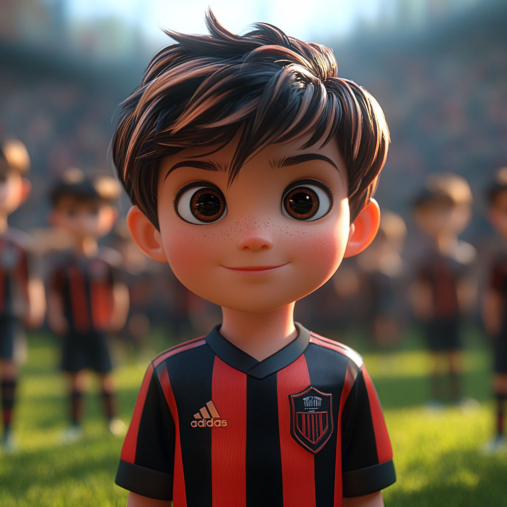 Young boys in red and black jerseys pose with training products on grass.