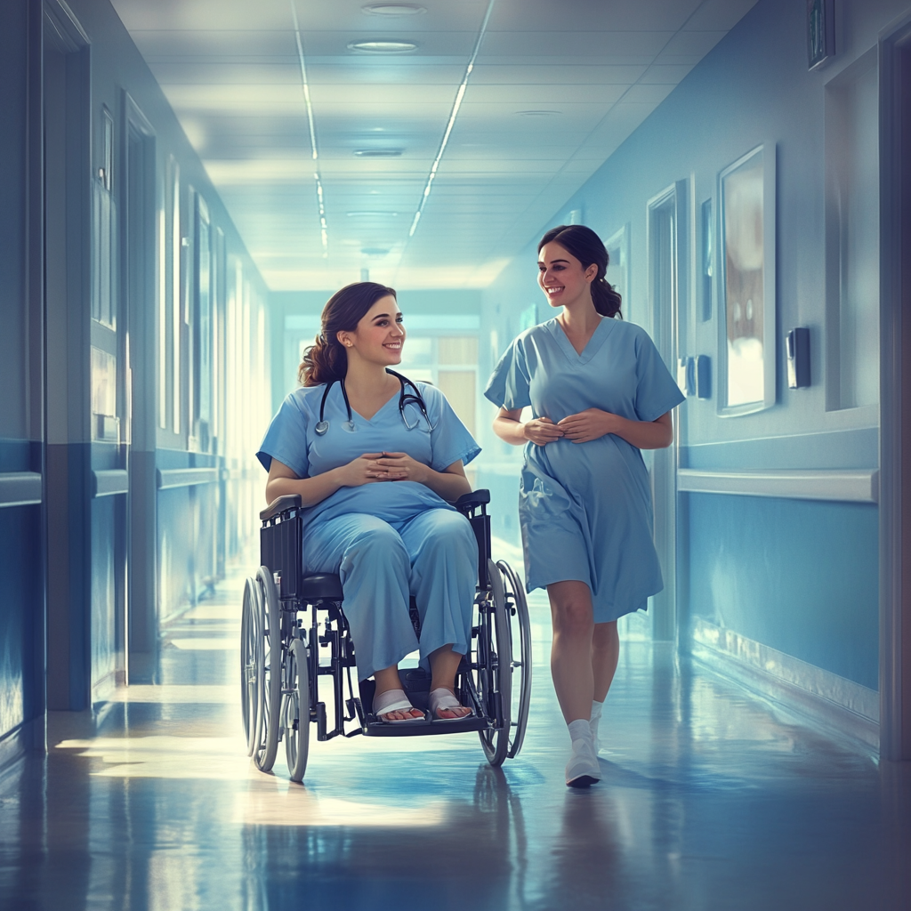 Young brunette pregnant mother in wheelchair with nurse, happy.