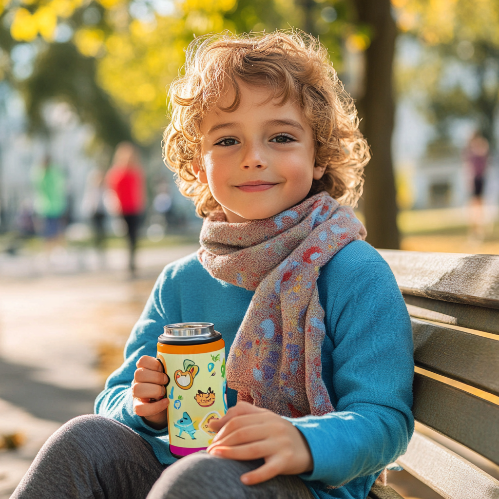 Young child with colorful thermos in sunny park.