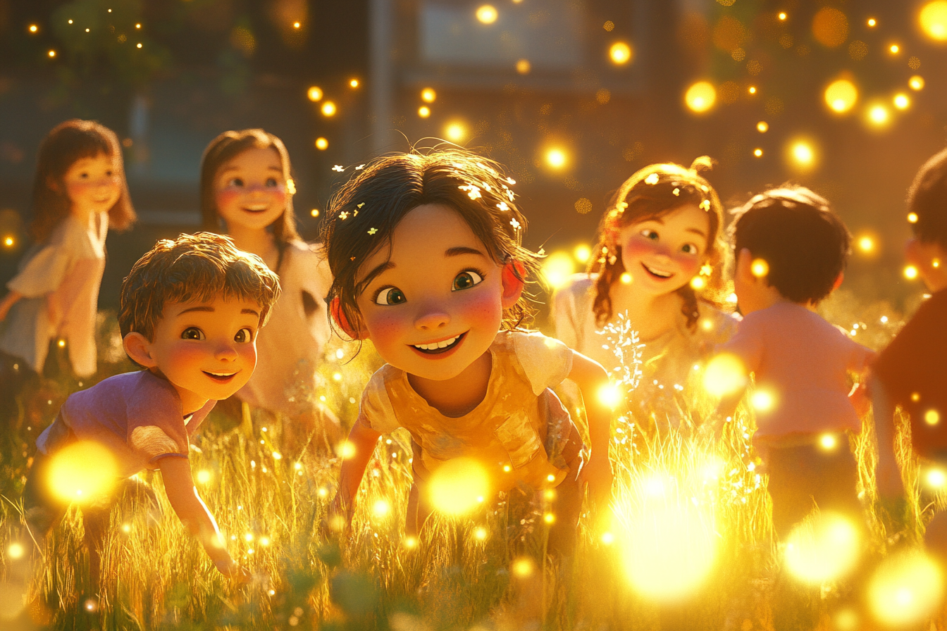 Young children of various backgrounds play outdoors in glowing light.