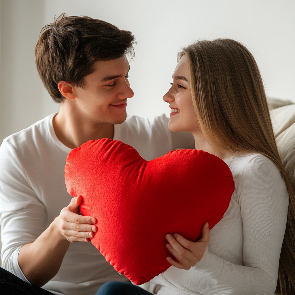 Young couple celebrates Valentine's Day with heart pillow gift.