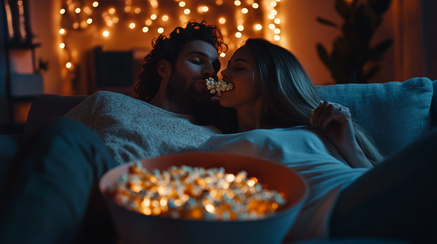 Young couple eating popcorn on new sofa, cinematic close-up.