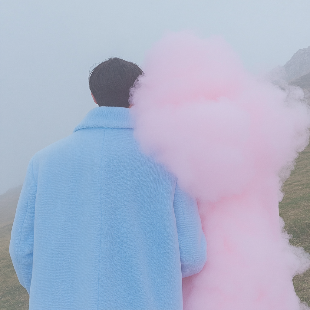 Young couple enter burning room with pink smoke.