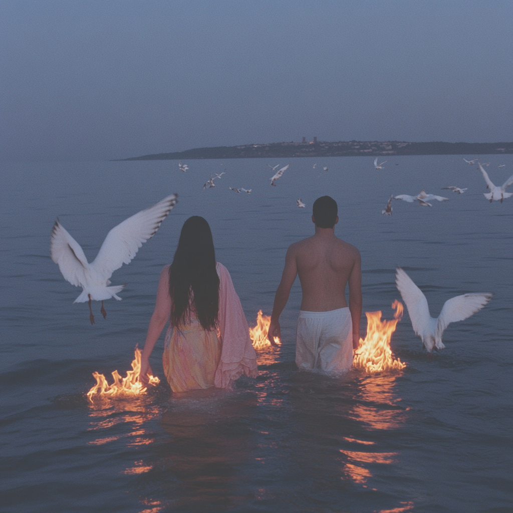 Young couple in burning sea surrounded by birds.