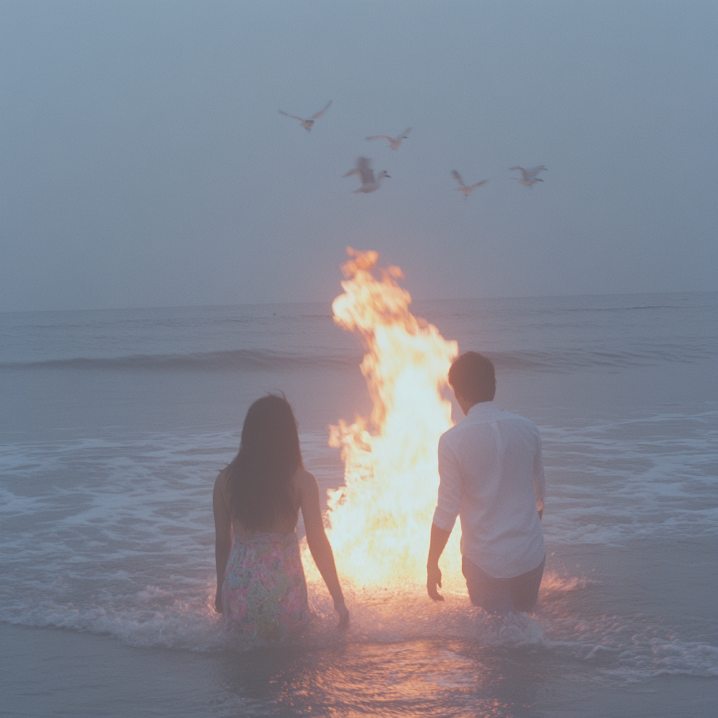 Young couple in colorful clothes walking into flames.