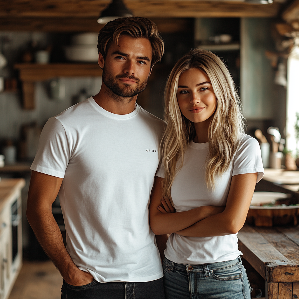 Young couple in kitchen for Thanksgiving photo shoot.