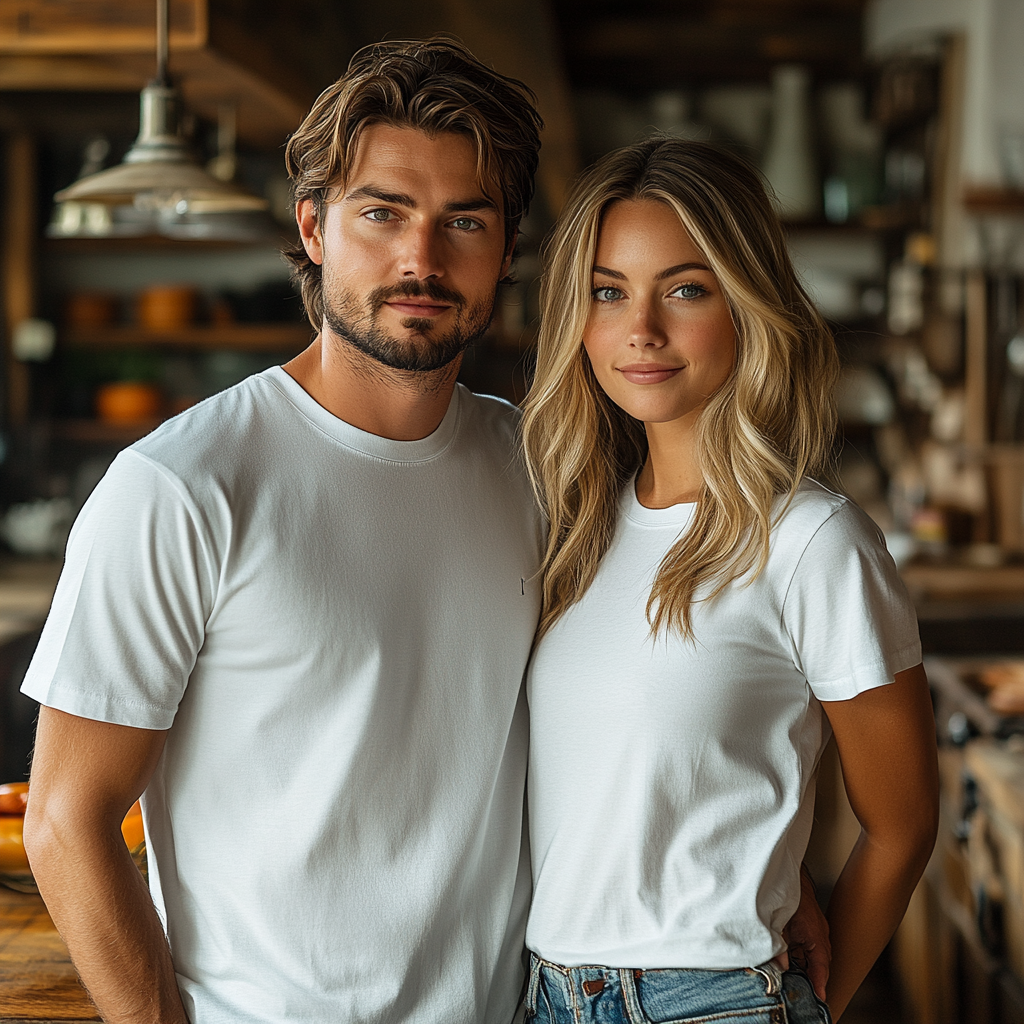 Young couple in kitchen for mockup photo shoot.