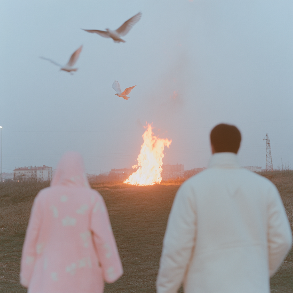 Young couple in love walking towards flaming sunset.