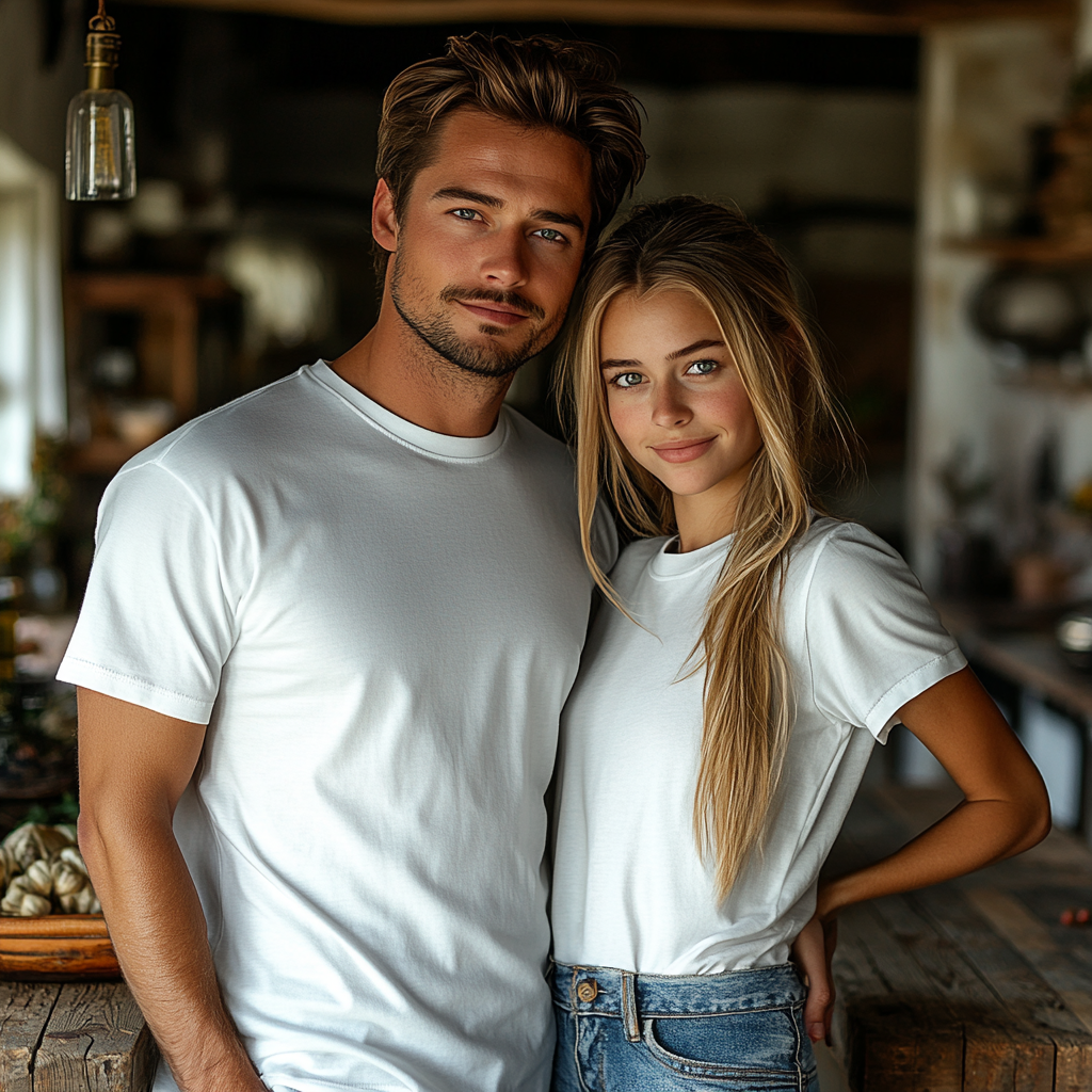 Young couple in modern kitchen posing happily.