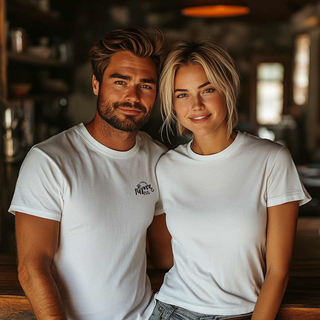 Young couple in white T-shirts pose in kitchen.