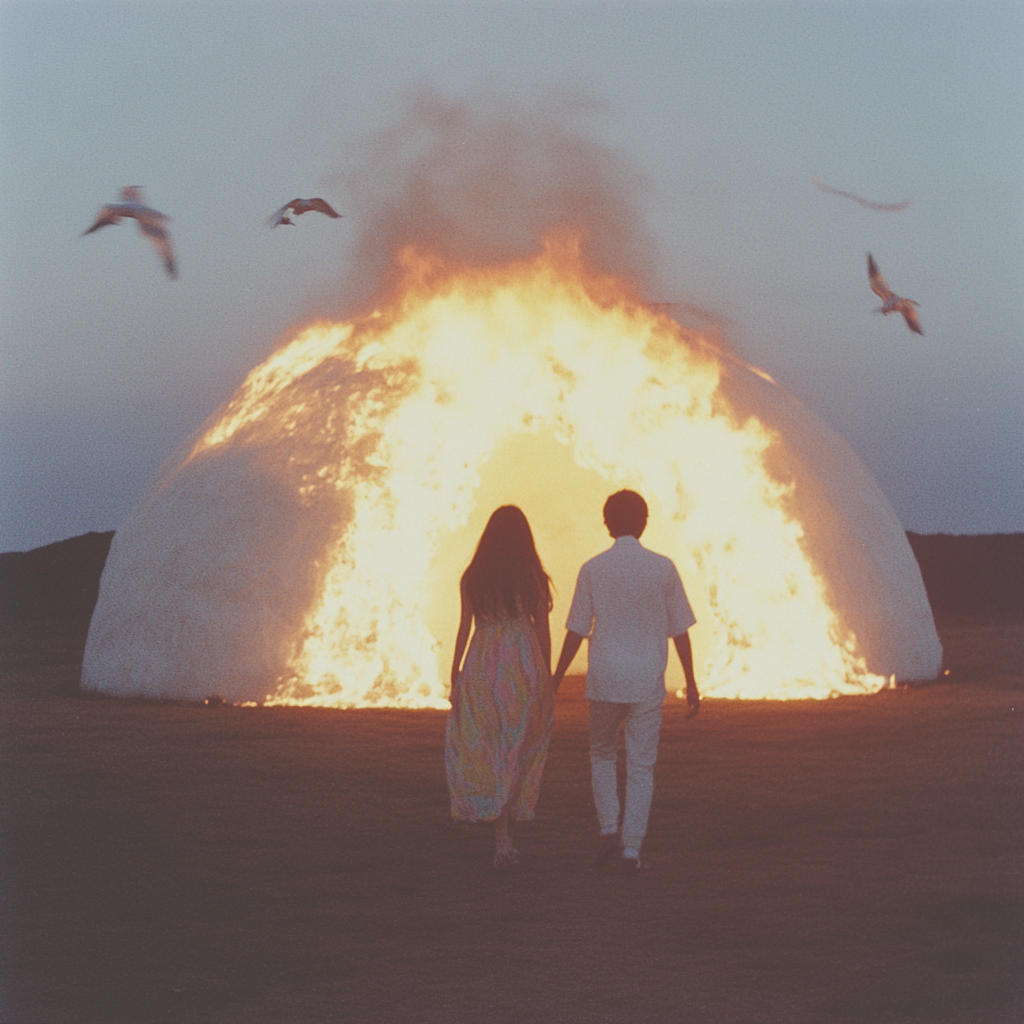 Young couple walk into fireball with birds, burning wings.