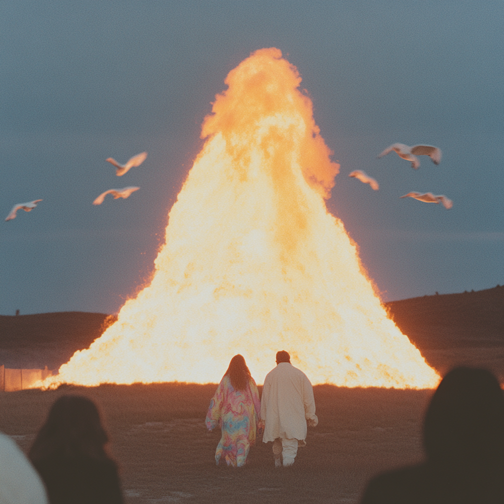 Young couple walking into fireball with white birds.