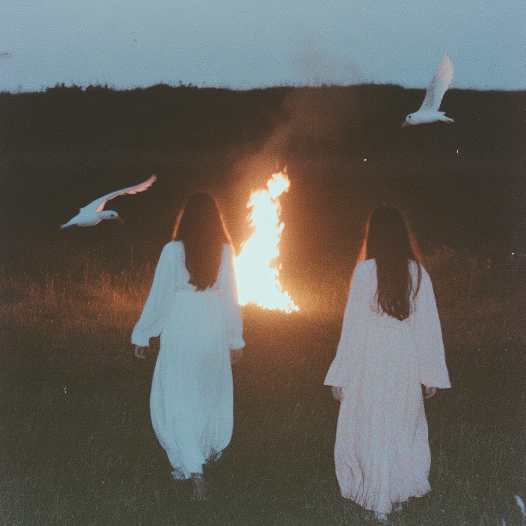 Young couple walking into flames with white birds.