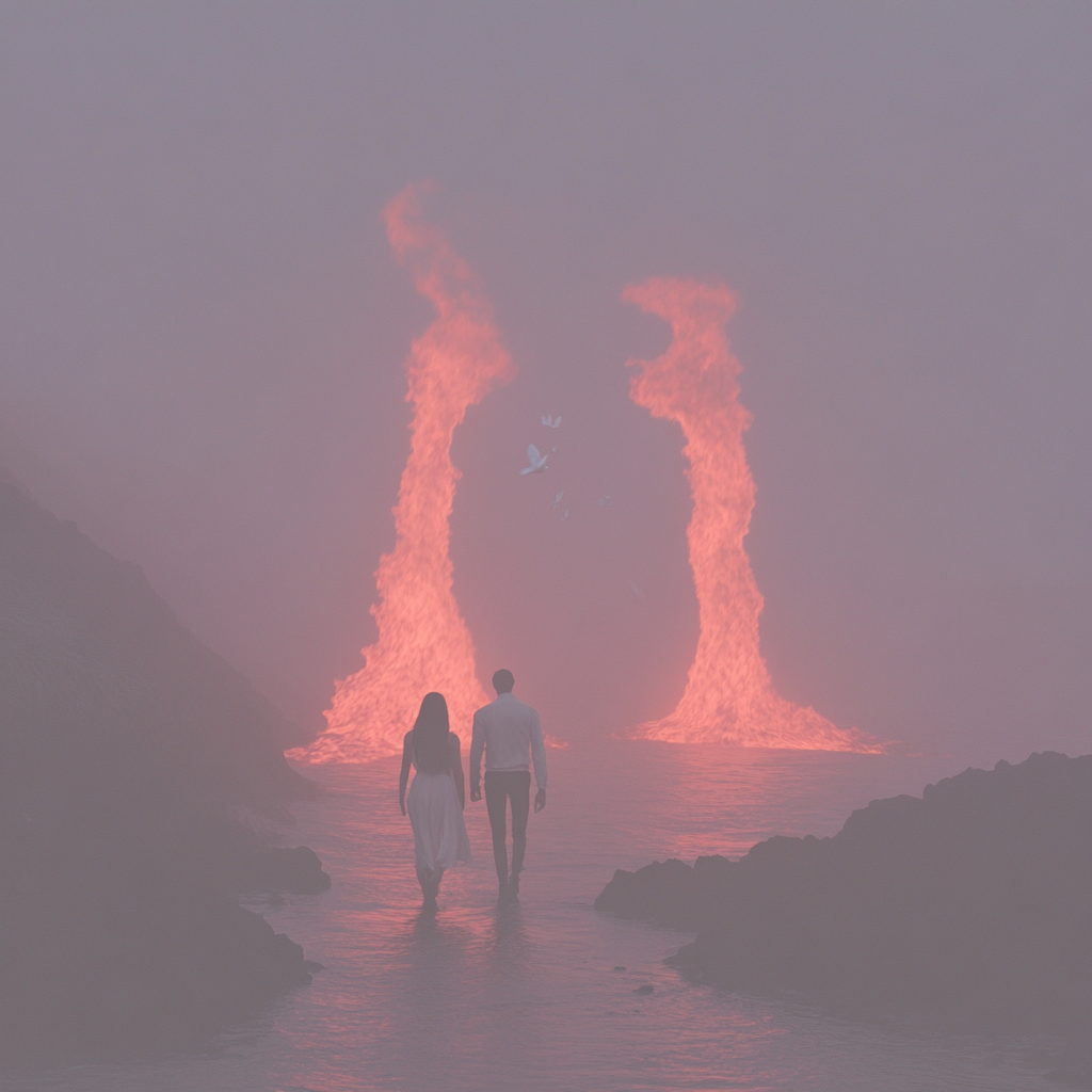 Young couple walking to huge fire on sea.