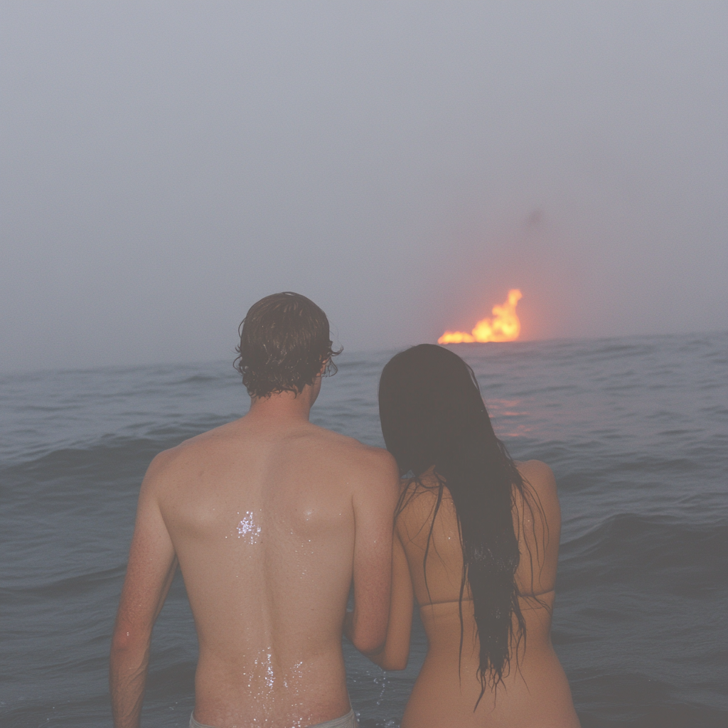 Young couple walking towards massive fire in sea.