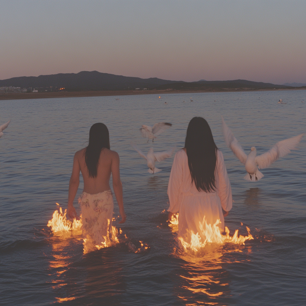 Young couple walks into burning sea, surrounded by birds.