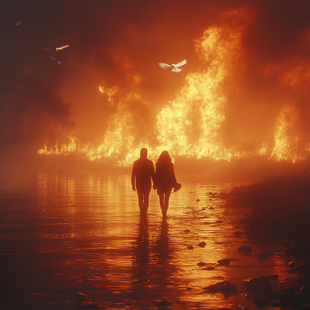 Young couple walks towards huge fire in sea.