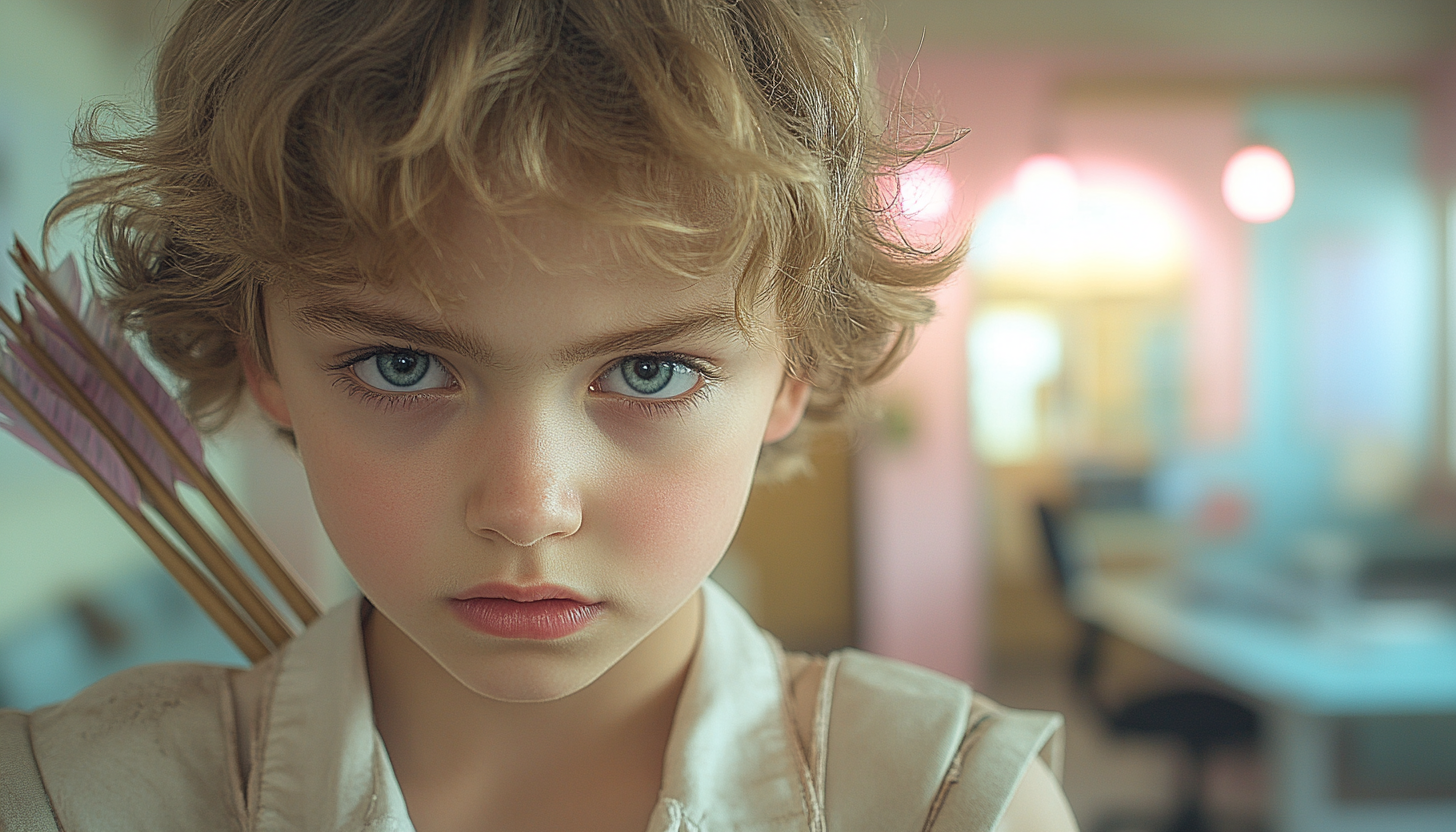 Young cupid in modern office, holding bow and arrow.