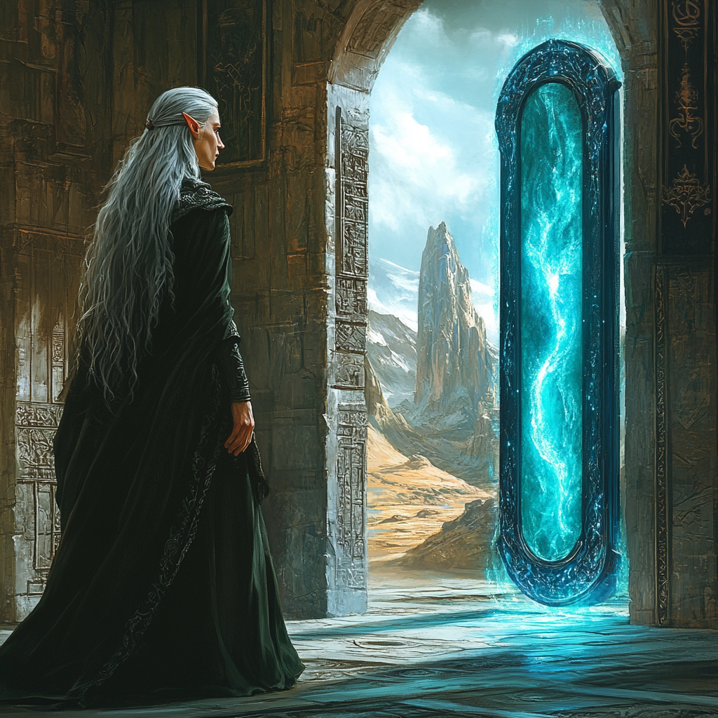 Young elf wizard with queen in castle, blue portal.