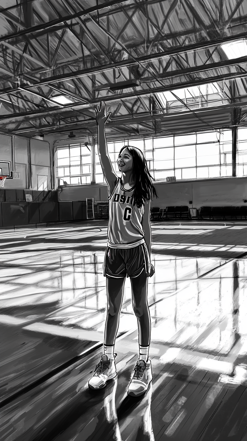 Young female basketball player waving, smiling on court.