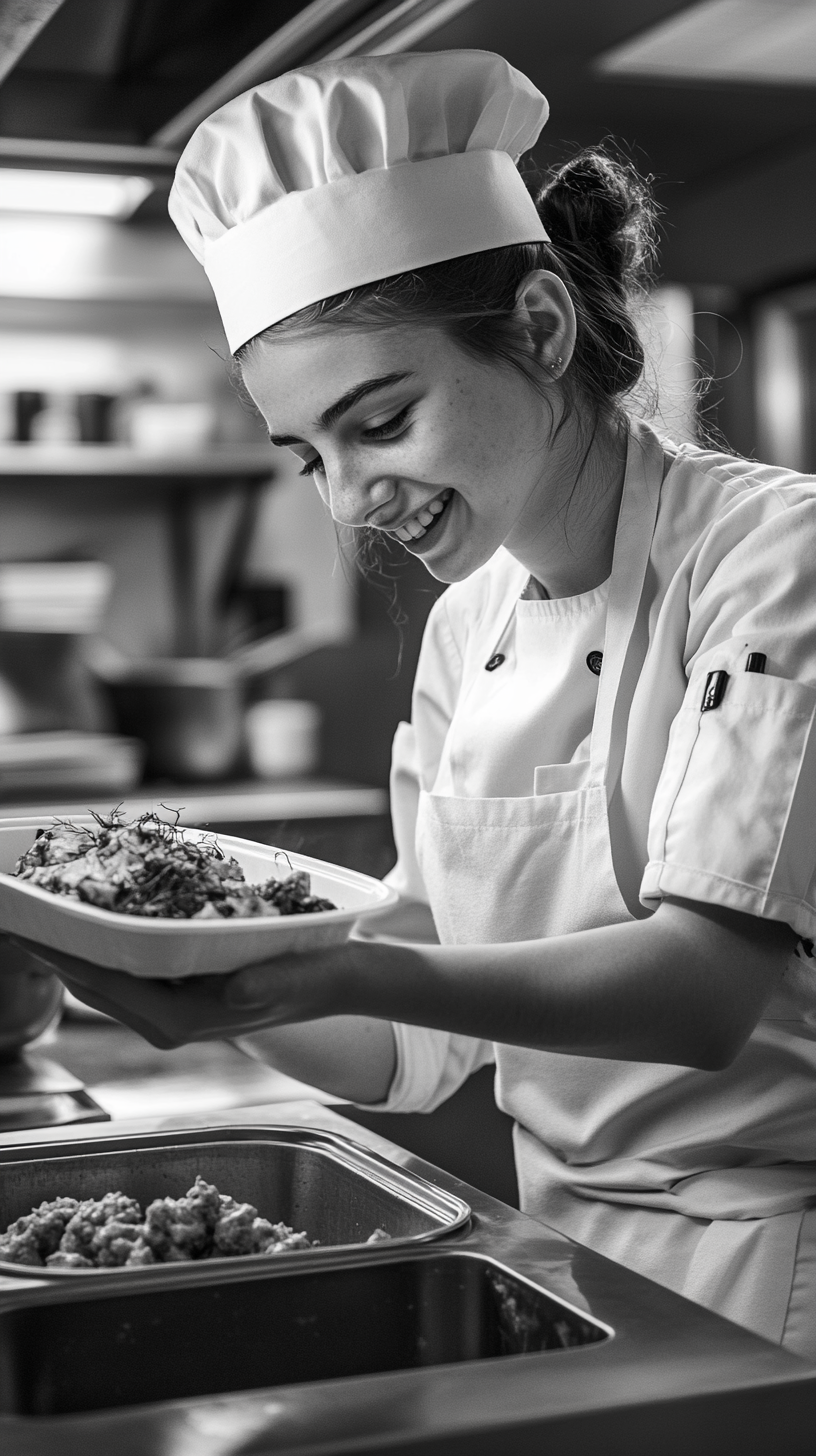 Young female chef plates meal in commercial kitchen, smiling.