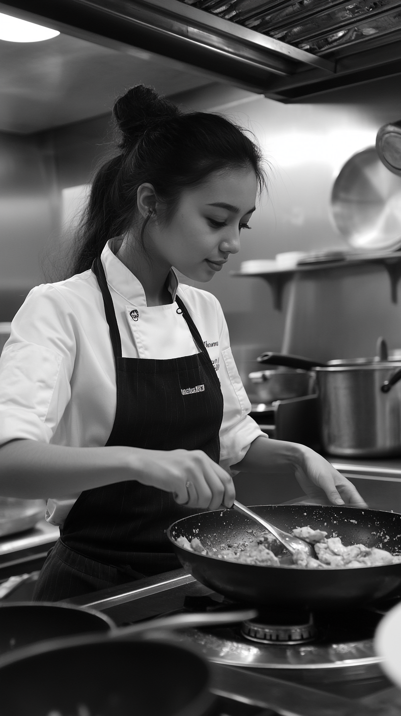 Young female chef smiles, cooks chicken curry. Black/White.