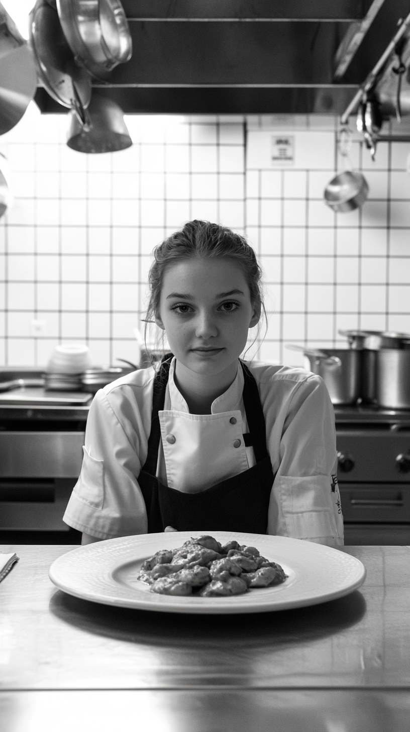 Young female chef smiles, with chicken curry in kitchen.