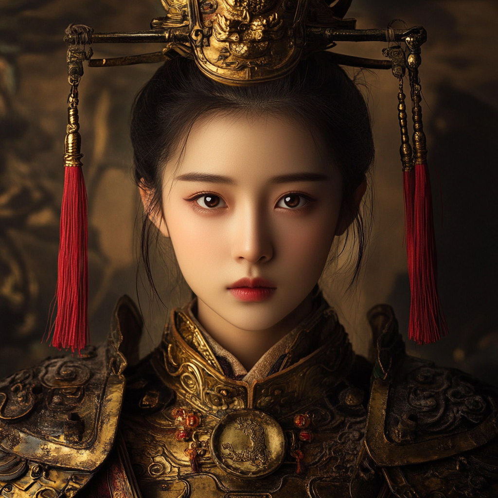 Young female general in gold Armor with Hongying gun.