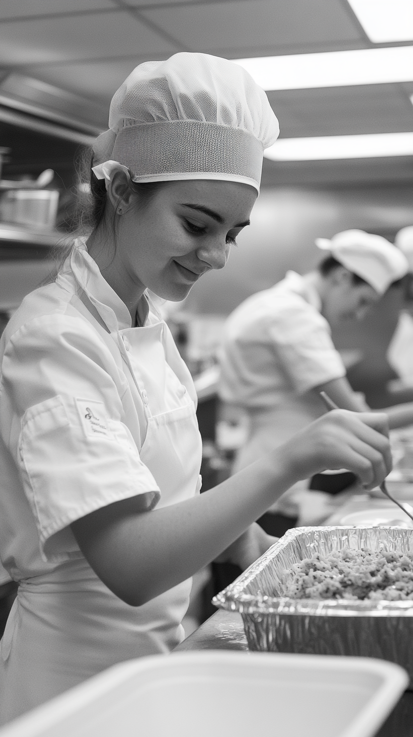 Young female student chef in commercial kitchen smiling.