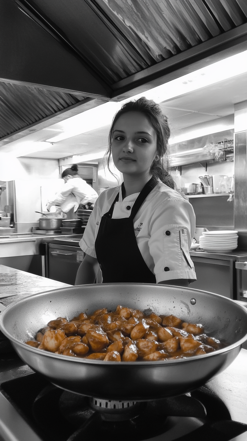 Young female student chef smiling with chicken curry.