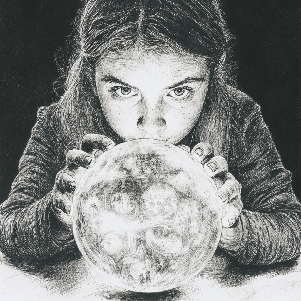 Young fortune teller girl gazes into crystal ball.