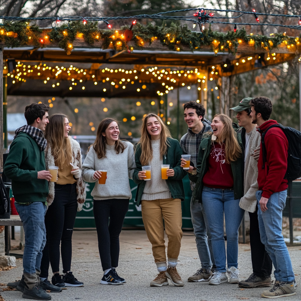 Young friends in festive attire reunite for party.