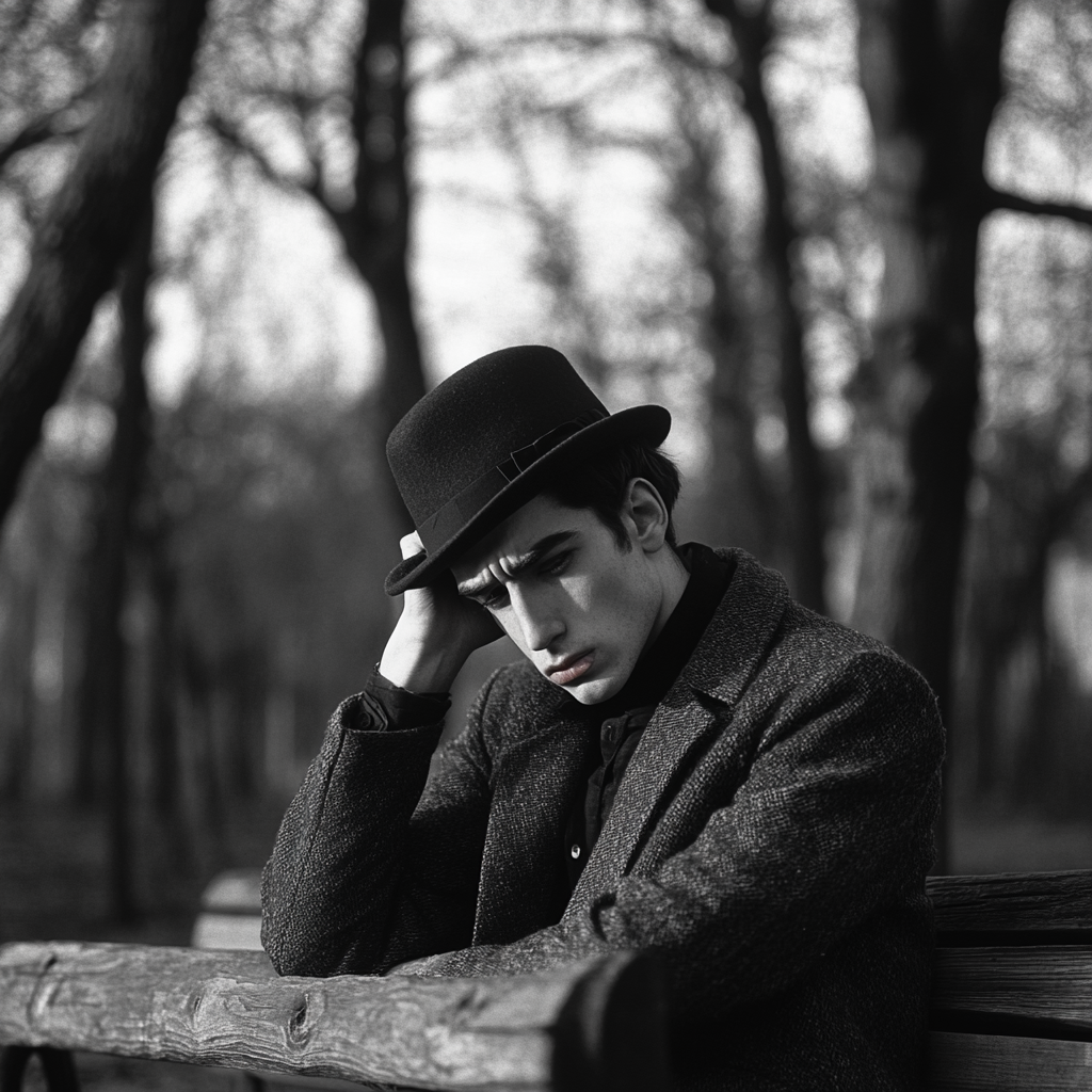 Young gentleman waiting on park bench in despair