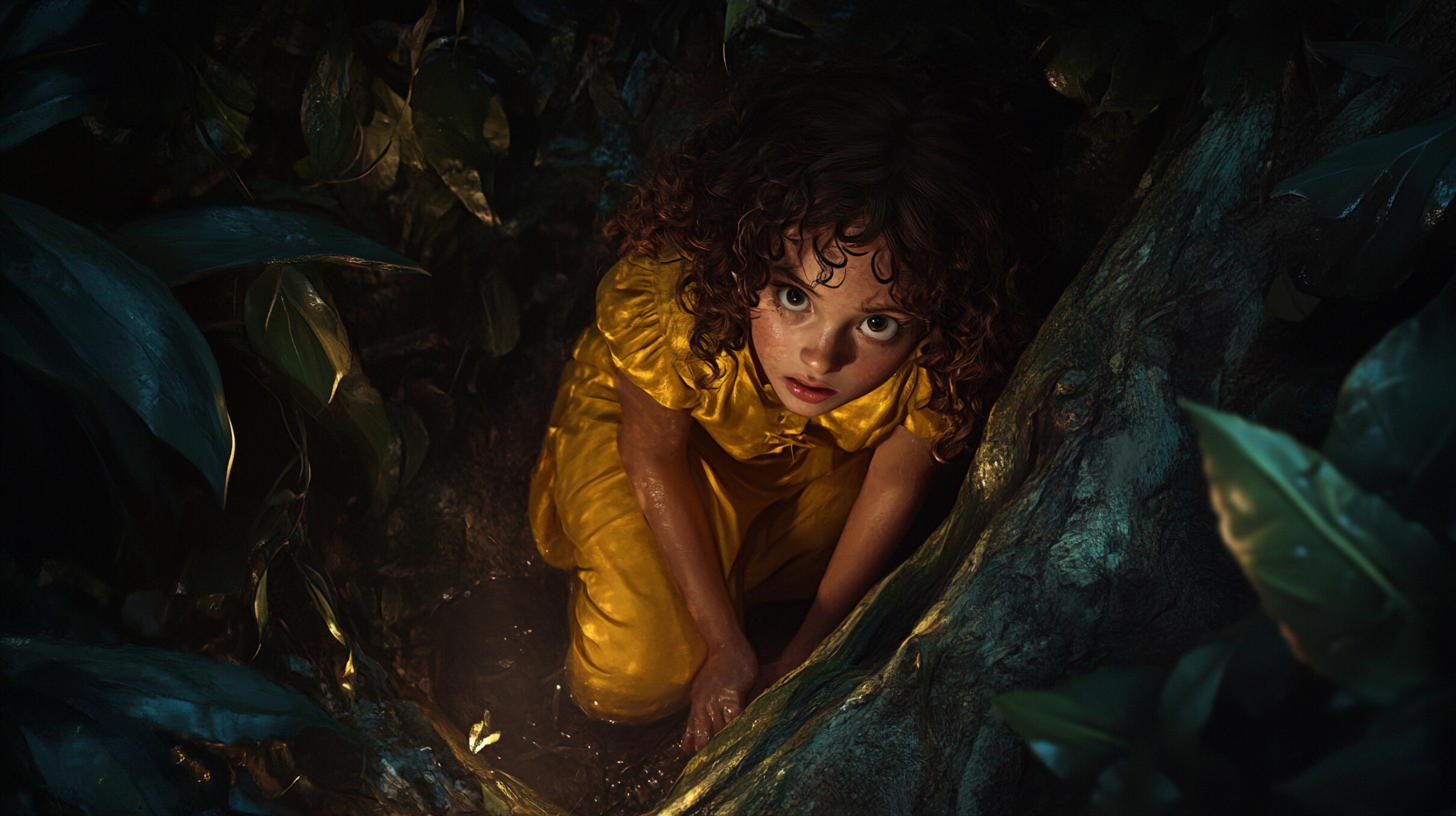 Young girl Sally hides in dark jungle space.