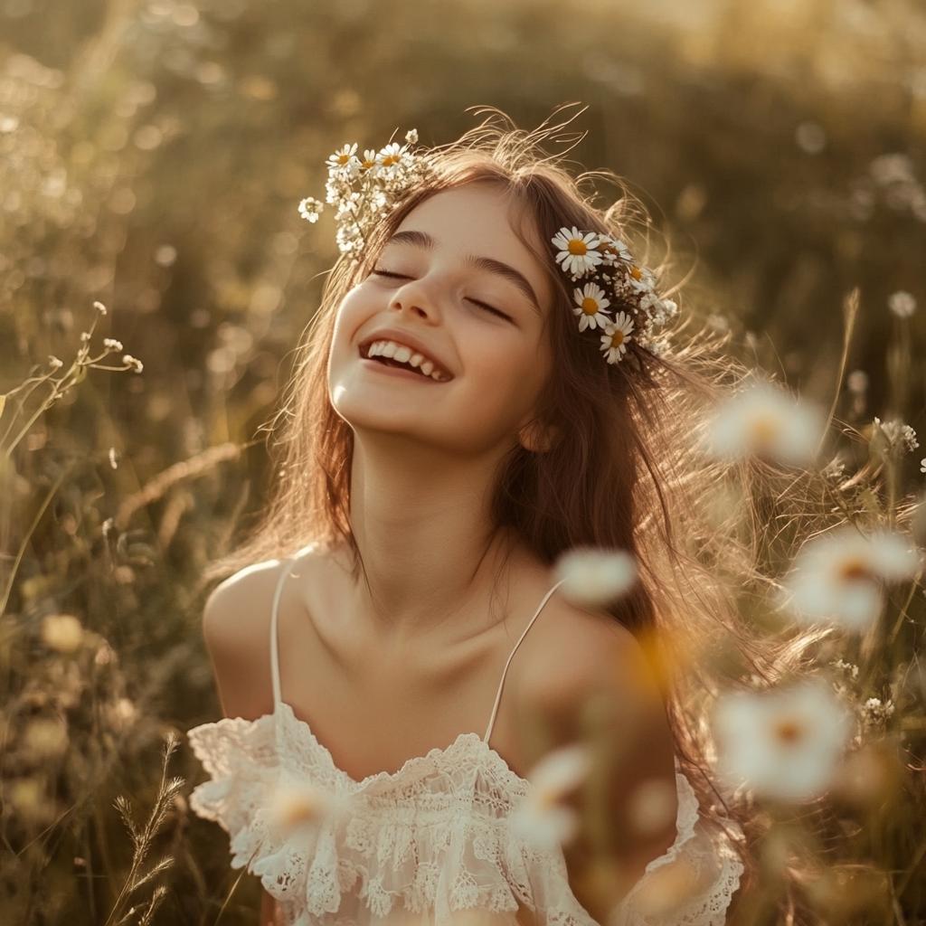 Young girl in meadow with flowers in hair, smiling.