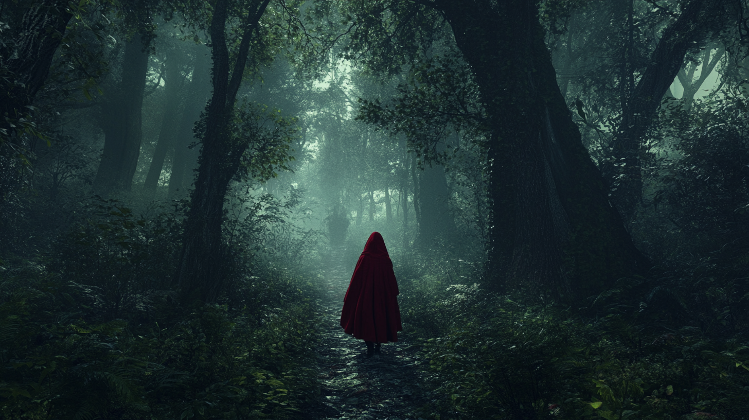 Young girl in red cloak cautiously walking through dark forest.