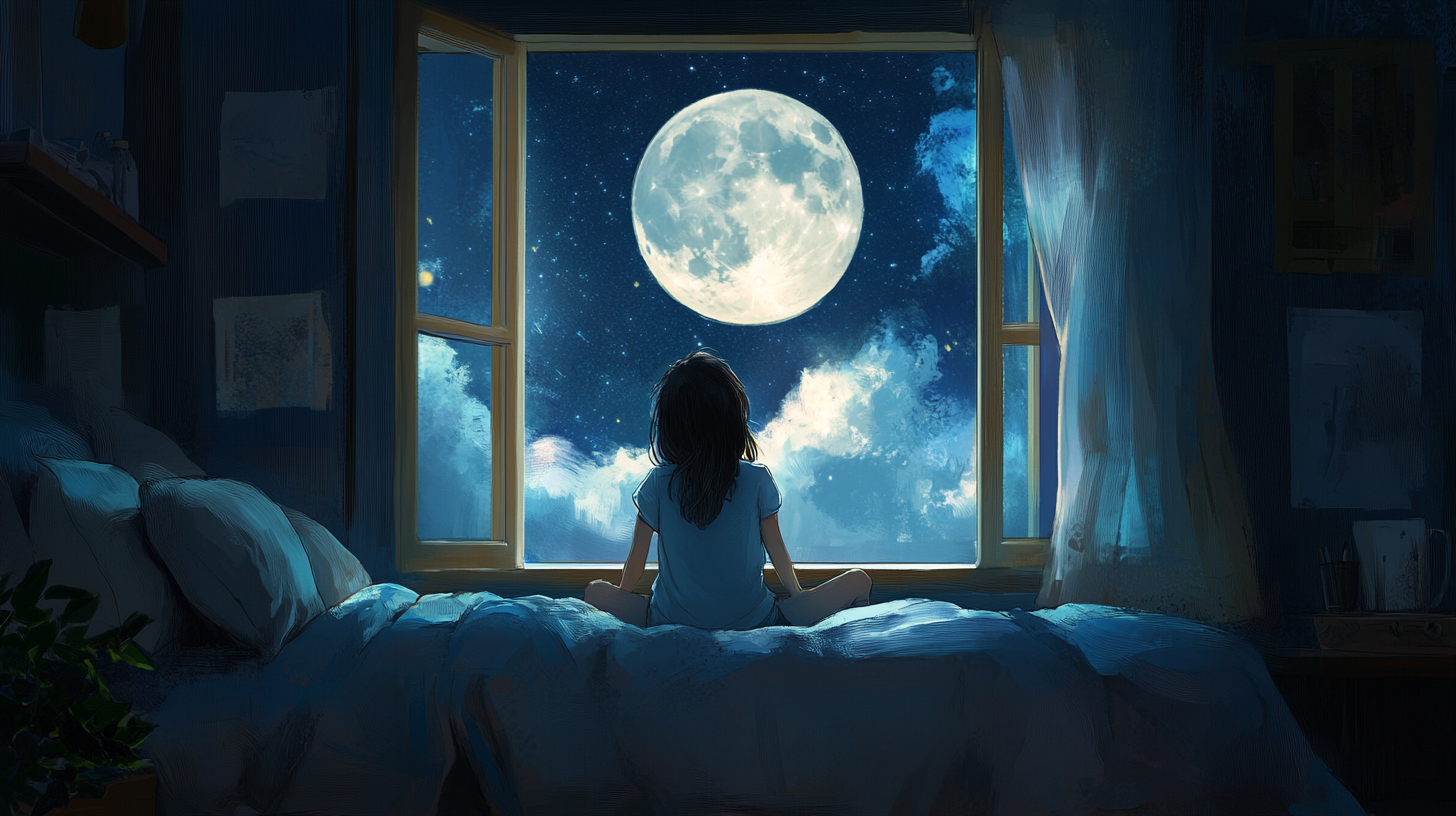 Young girl on bed, looking out window at moon.