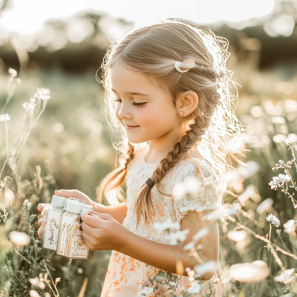 Young girl playing in sunlit field with wildflowers.