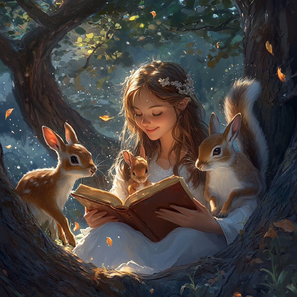 Young girl reading book under tree with forest friends