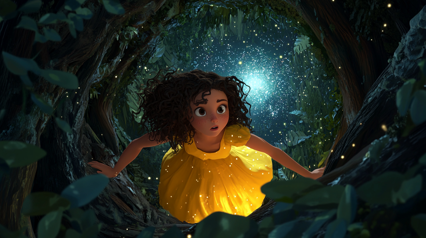 Young girl with brown curly hair in enclosed space, gazing at night sky.