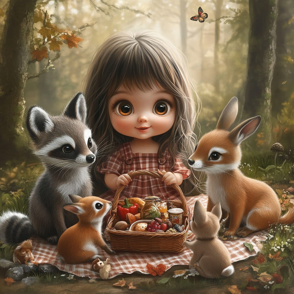 Young girl with friends, picnic in forest.