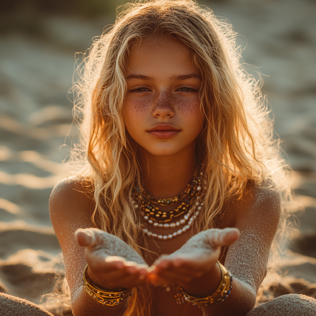 Young girl with jewel bracelets holding golden necklace with pearls.