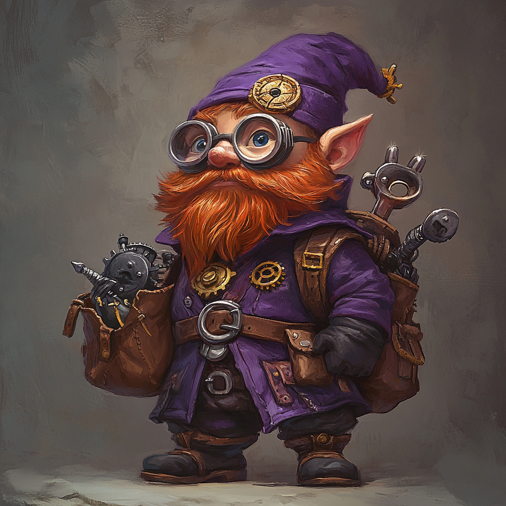 Young gnome wizard with red hair, purple tunic, carrying a shoulder bag of gears.