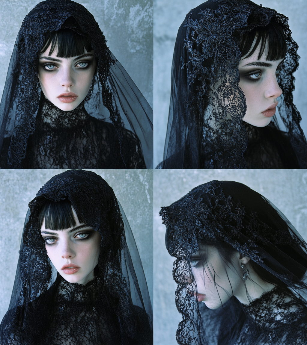 Young gothic woman in black lace, pale skin.