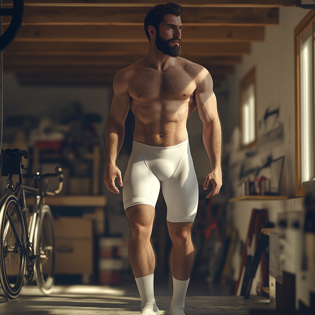 Young hairy man in cyclist bibshort walking in garage.