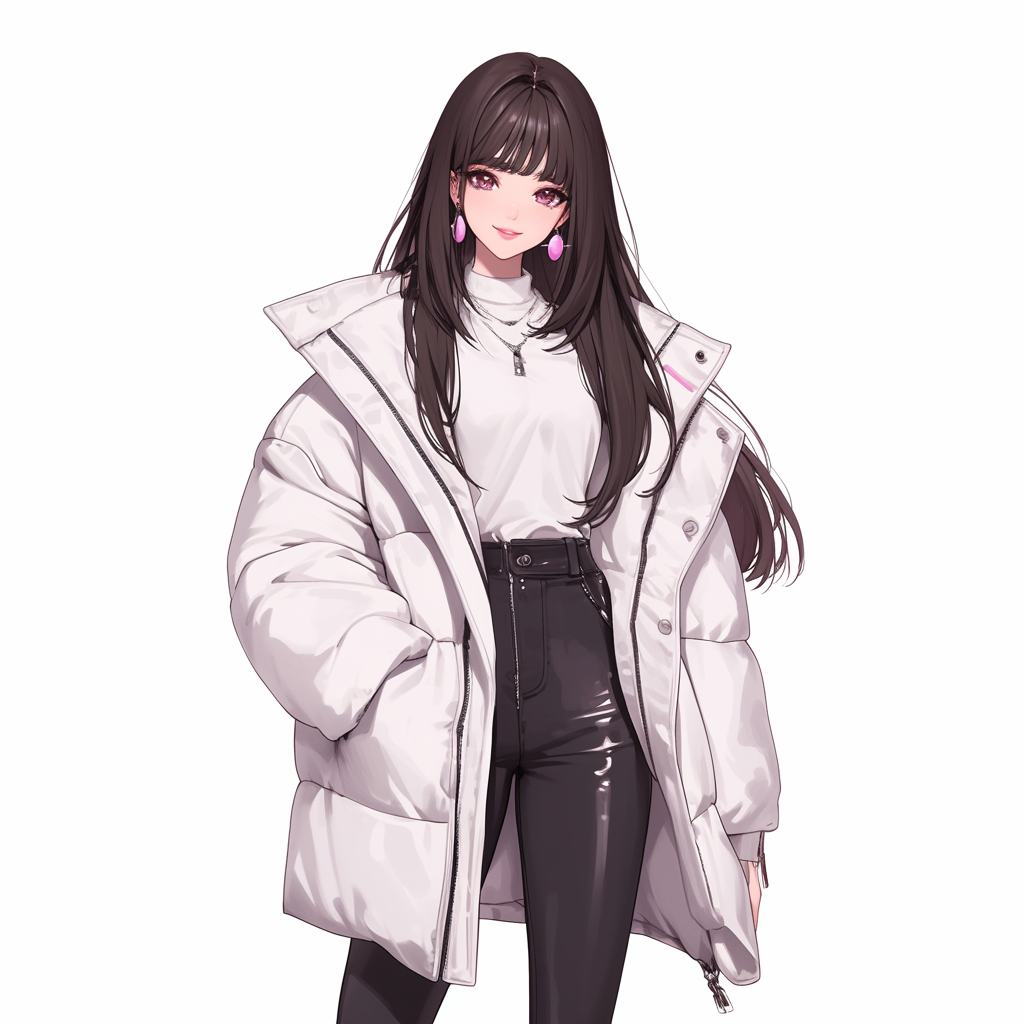 Young k-pop anime girl with black hair, smile, burgundy eyes, wearing white and grey outfit.