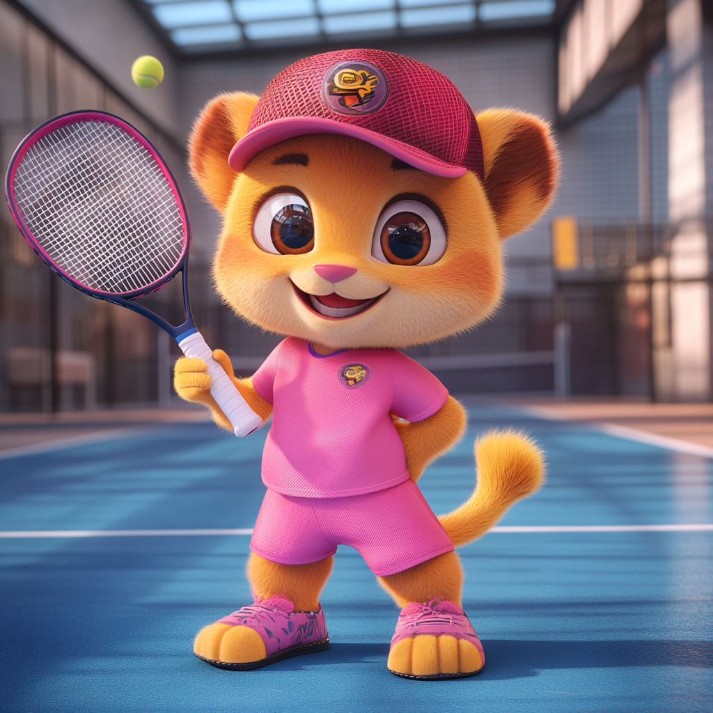 Young lion tennis player ready to play pádel. Pink shirt, blue floor, glass around court. Pixar-style animation, 3D, adorable 8K realism.