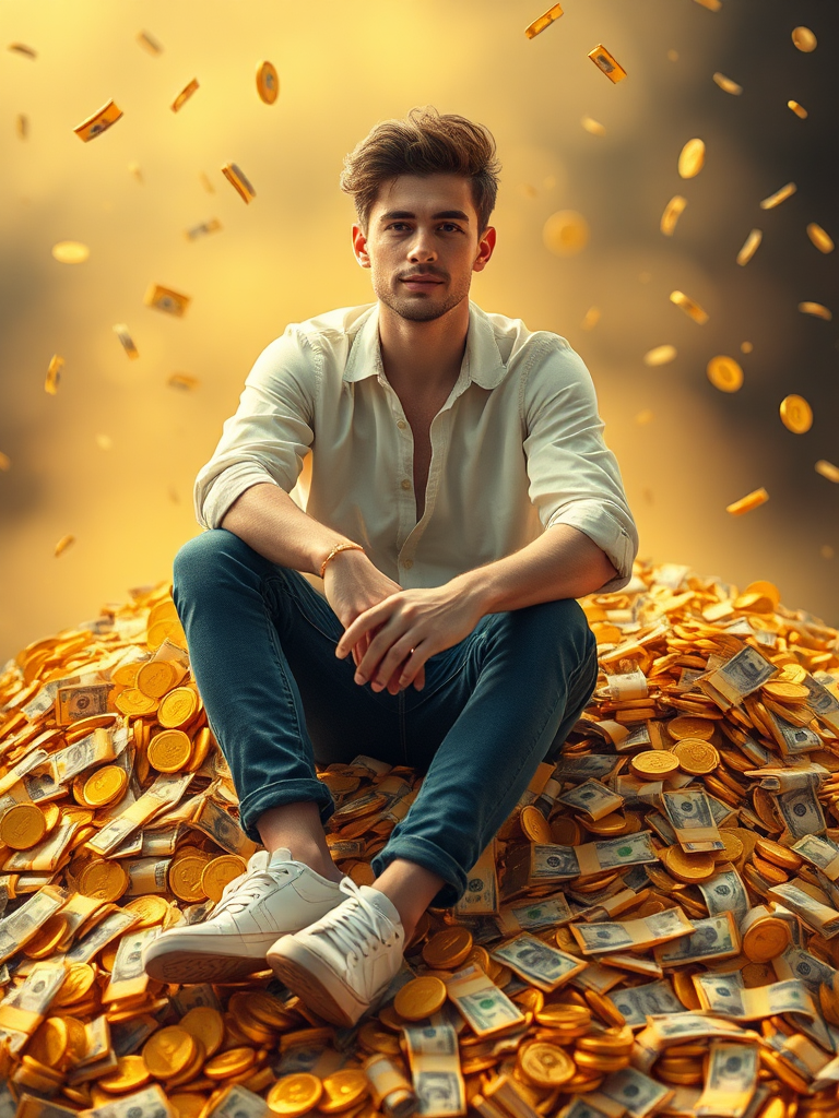 Young man, rich, sitting on pile of gold, money.